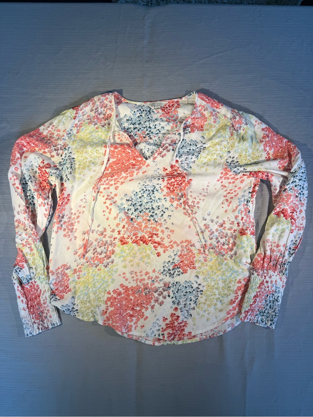 Lucky Brand White Floral Split-Neck Blouse with Coral, Yellow & Blue Accents